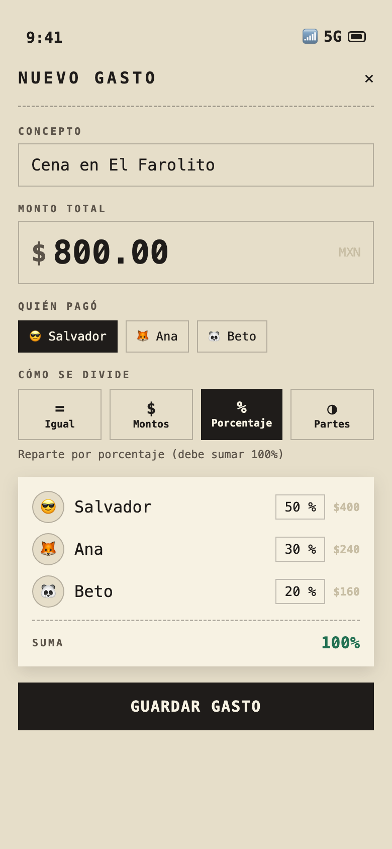 Agregar gasto dividido por porcentaje